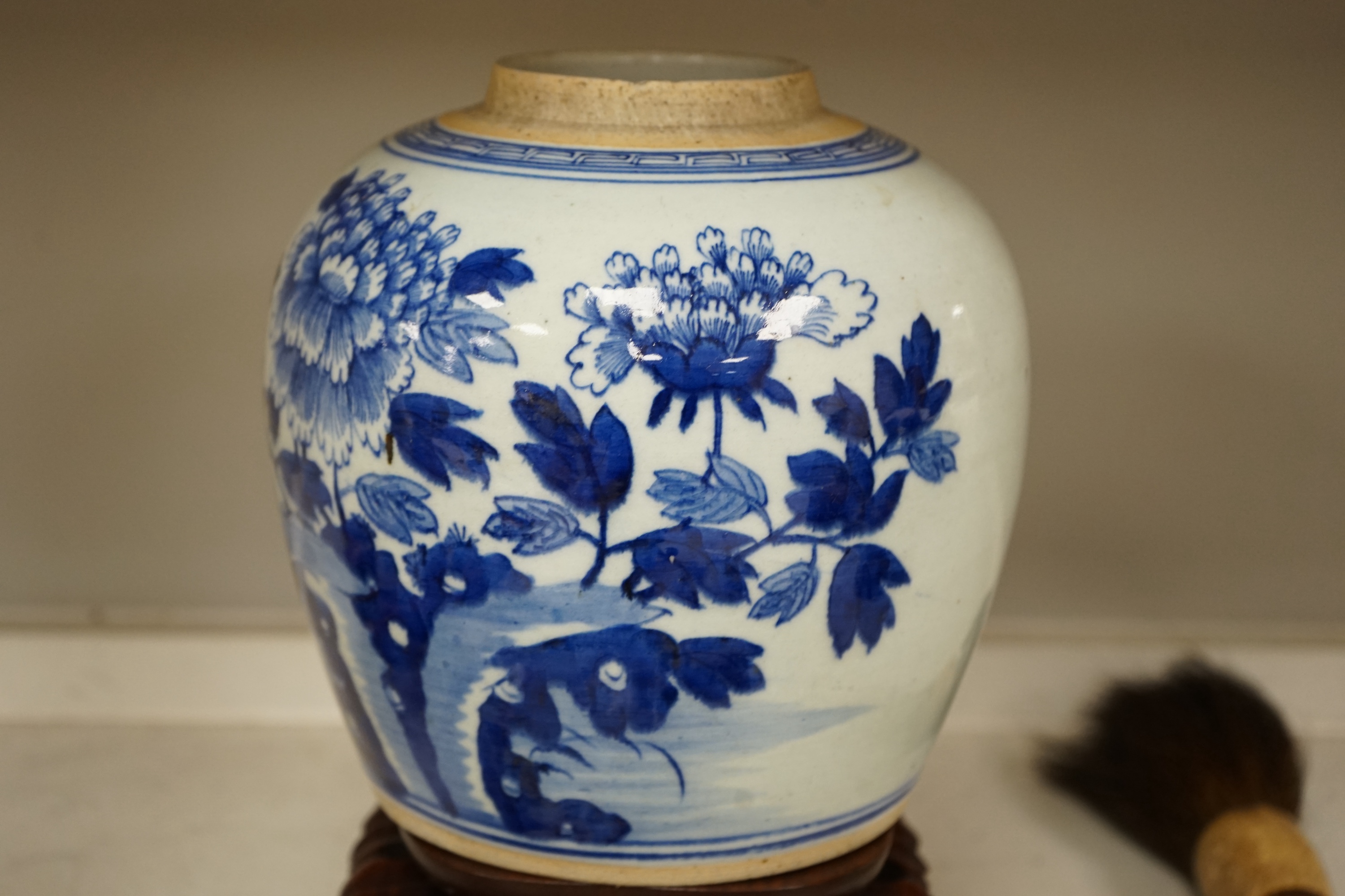 An 18th century Chinese export Imari pattern dish together with other Chinese blue and white ceramics, a hardwood stand and a bone calligraphy brush. Condition - varies